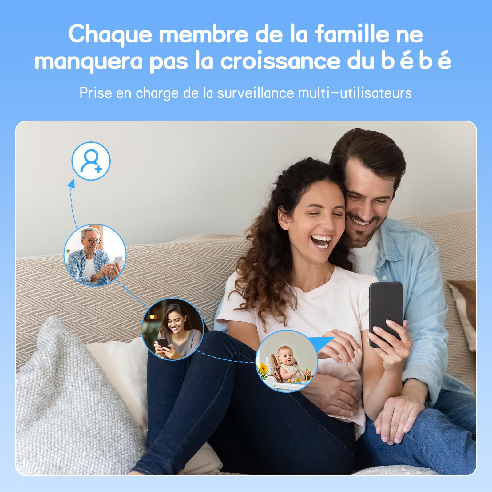 XPJ 2K 5" - Cámara de bebé con aplicación de teléfono, rotación de 360° luces de noche coloridas, zoom 4X, monitoreo de movimiento, seguimiento automático, zona de alarma personalizada