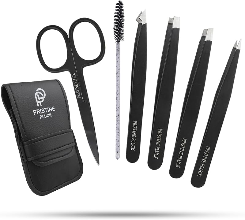 Kit de pinças PRISTINE PLUCK em aço inoxidável com tesoura curva para sobrancelhas, 6 peças, MODERN