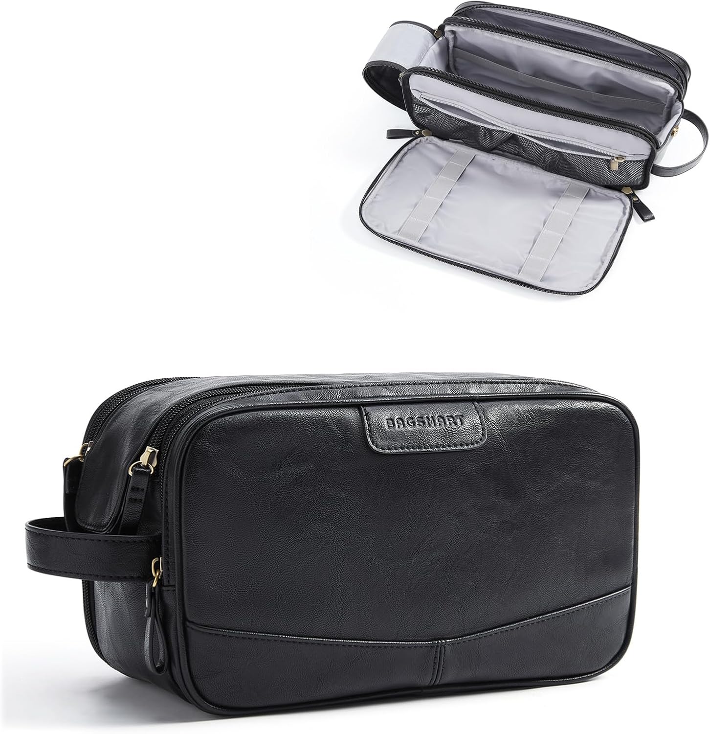 BAGSMART Medium Toiletry Bag for Men, PU Leather Travel Bag for Toiletries, Dopp Kit Water Resistant Shaving Bag for Bathroom Shower-Black