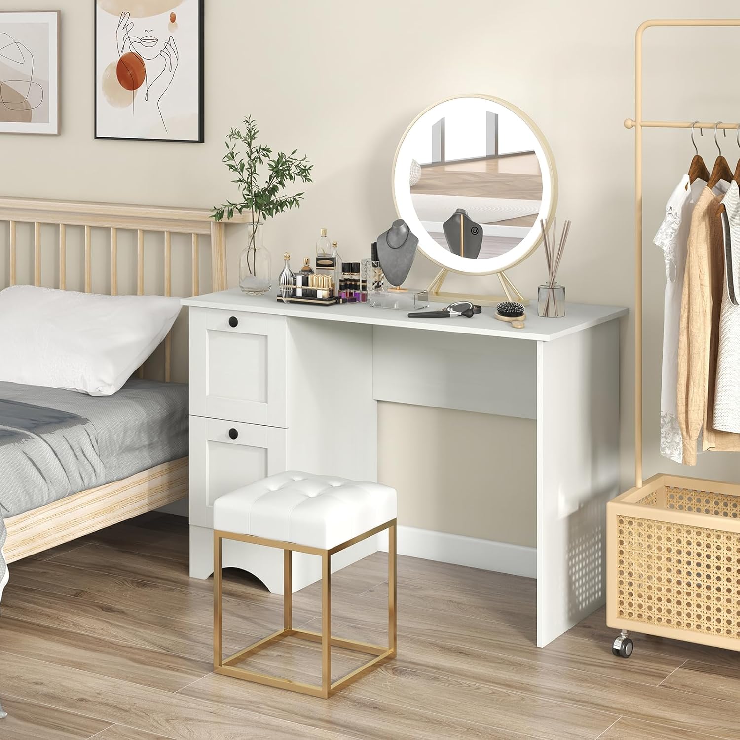 Tangkula White Desk with Drawers & Charging Station, Wooden Home Office Desk PC Laptop Notebook Desk, Compact Study Desk Writing Desk, Computer Workstation Ideal for Home & Office