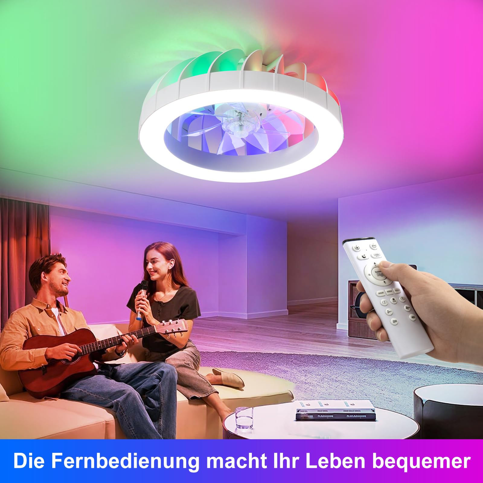 RGB Deckenventilator mit Beleuchtung, 6 Windstufen | Ø50CM RGB Deckenventilator mit Licht und Fernbedienung, Dimmbar Deckenleuchte mit Ventilator Leise, Wohn