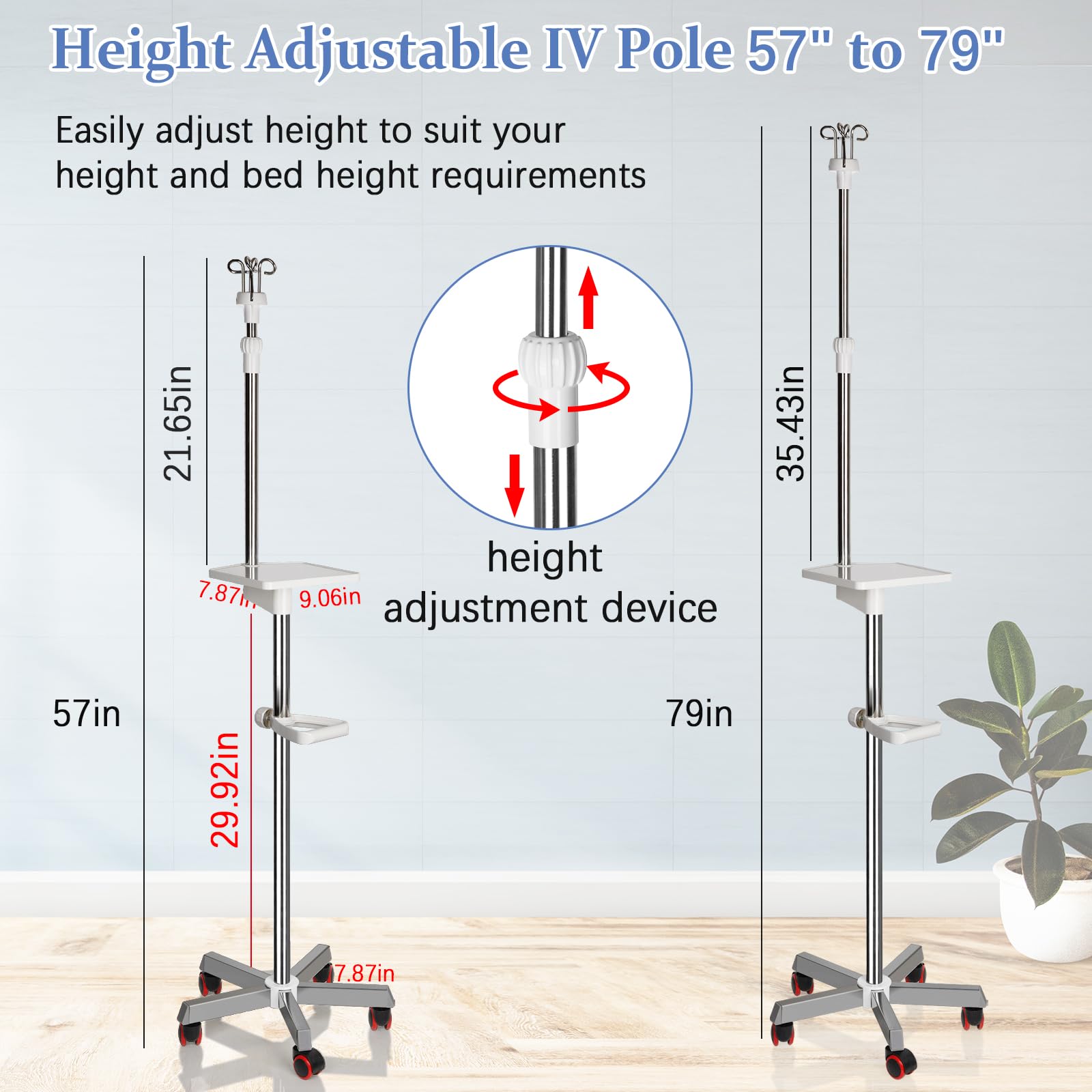 IV Stange mit Rollen, verstellbar 144,8 cm - 200,7 cm Höhe | Medizinischer IV-Ständer aus Edelstahl mit Tablett und 4 Haken für IV Krankenhaus Home Infusion Praxis und Therapie