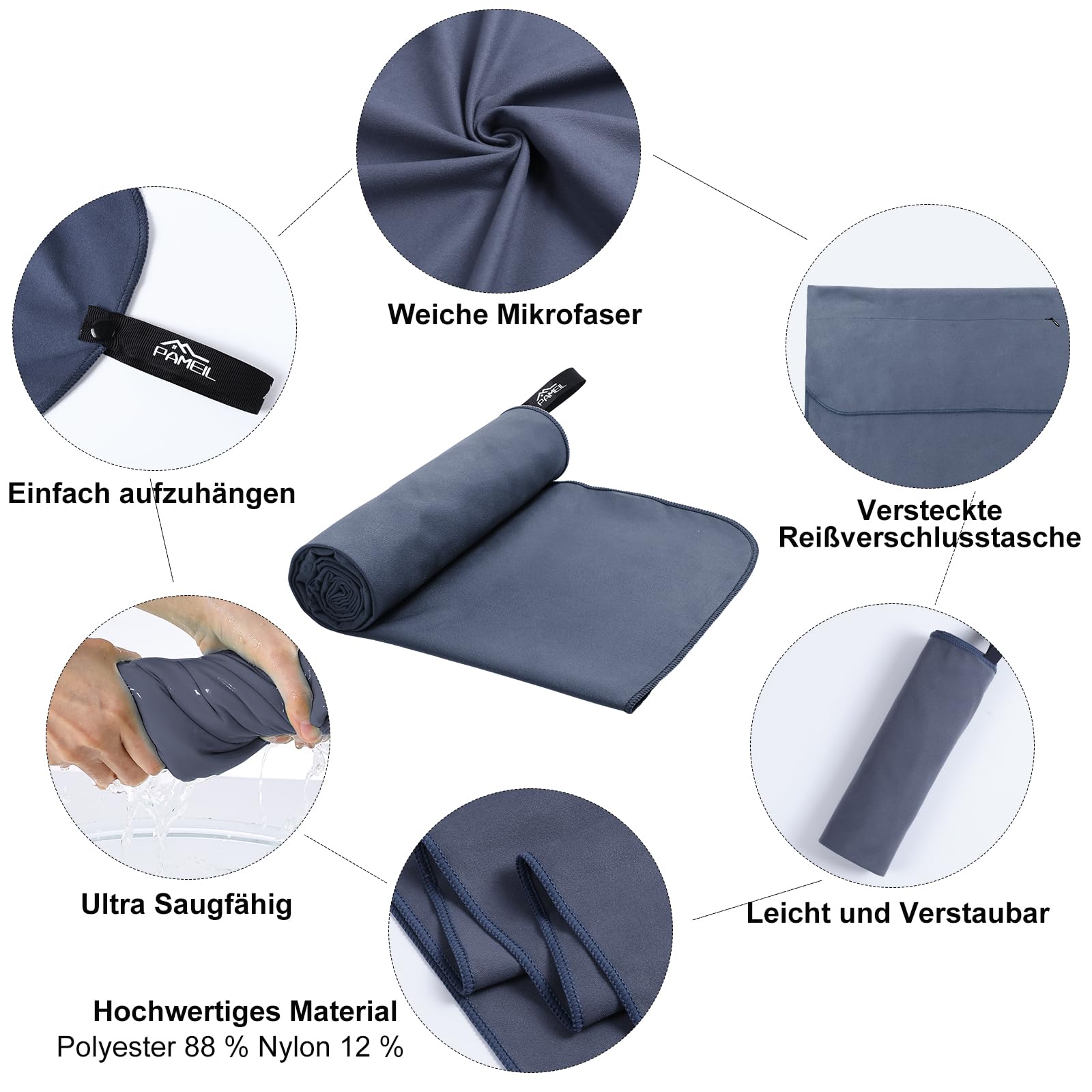 Pameil Asciugamano Palestra | 120x50cm Asciugamano Microfibra Con Tasca Con Cerniera | Asciugatura Rapida, Leggero, Assorbente Asciugamani Mare Microfibra e Asciugamani Palestra Fitness