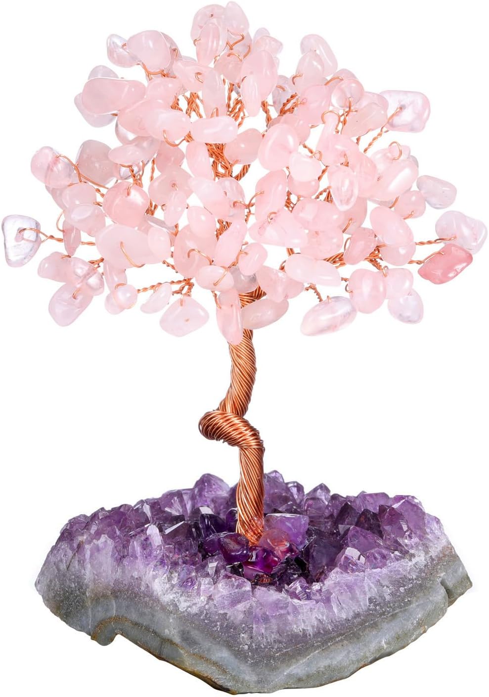 Jovivi Rose Quartz Crystal Tree of Life with Amethyst Cluster Base, Feng Shui Bonsai Decor for Positive Energy, Handmade Pink Room Office Desk Tree Decor