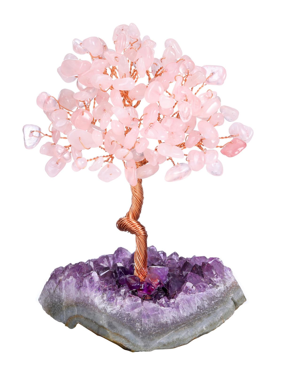 JSDDE Rose Quartz Crystal Healing Stone Tree with Amethyst Cluster Base Feng Shui Crystal Money Tree for Positive Energy Home Decoration Gifts