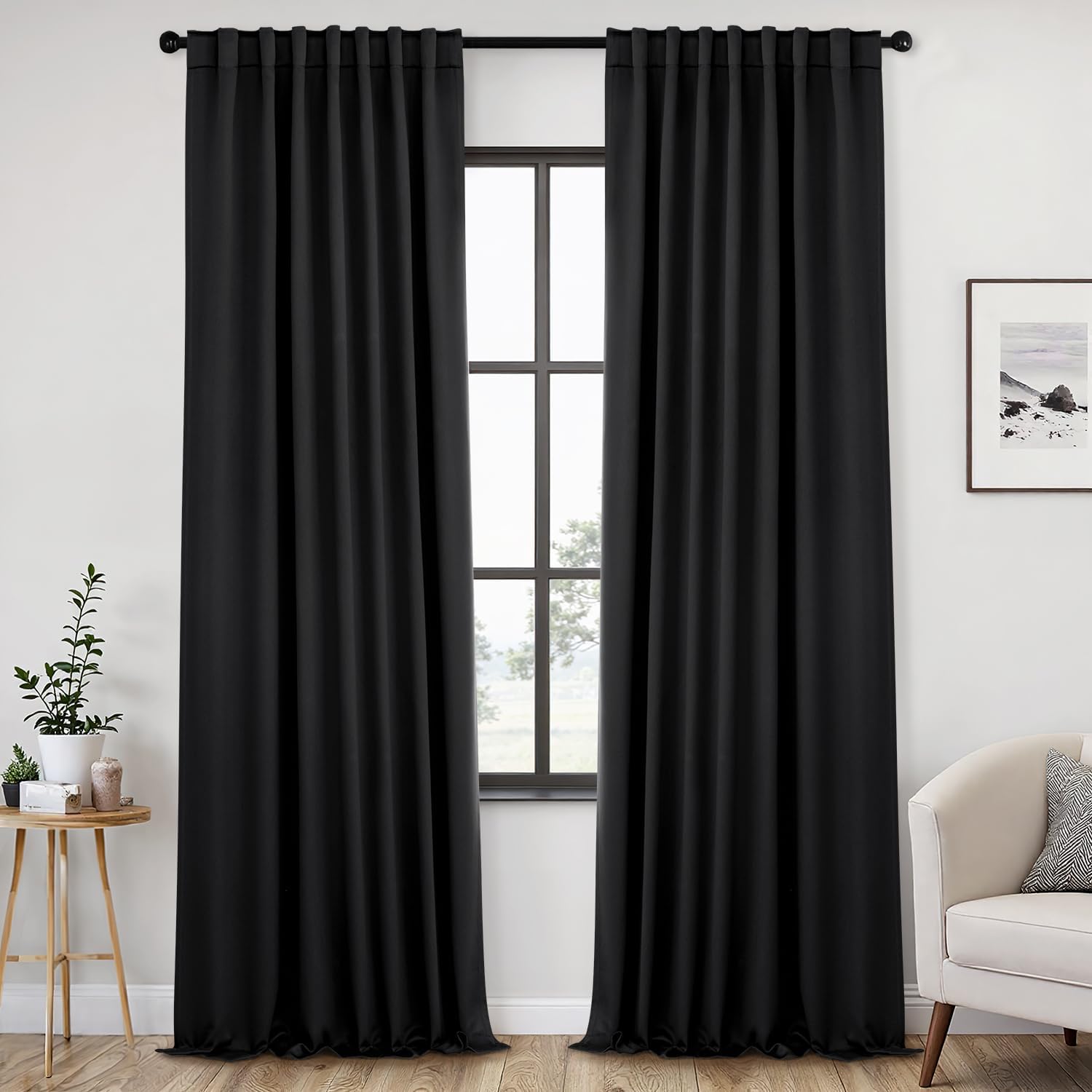 ANRODUO Back Tab Blackout Curtains for Bedroom Living Room, Halloween Rod Pocket Pinch Pleated Thermal Insulated Room Darkening Curtains 96 Inches Long 2 Panels, Black, 52 x 96 Inch 52"W x 96"L (Pack of 2) Black