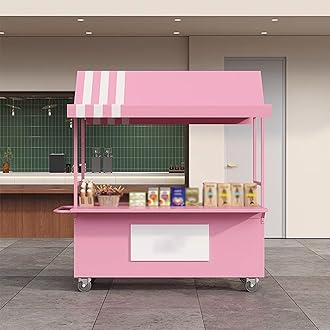 Mobile Cart with Wheels Selling Food, Vending Iron Cart with Canopy, Customizable Logo, for Street Food, Handicrafts, Snacks(Pink)