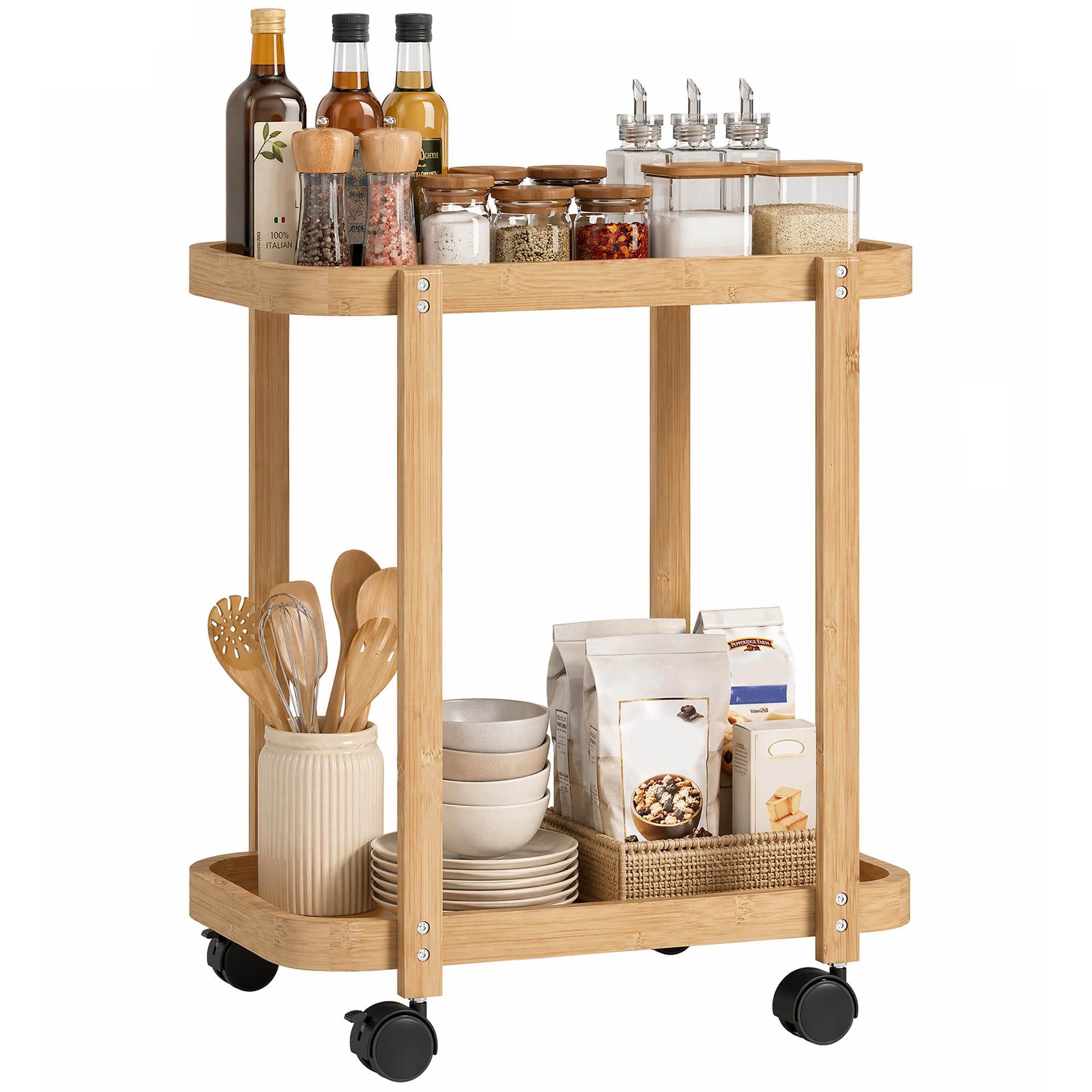 HOMCOM Carrito de Cocina de Bambú de 2 Niveles 54x36,5x60 cm Natural | Carrito Auxiliar de Cocina con Ruedas, 2 Estantes Abiertos, Diseño Curvo, para Comedor