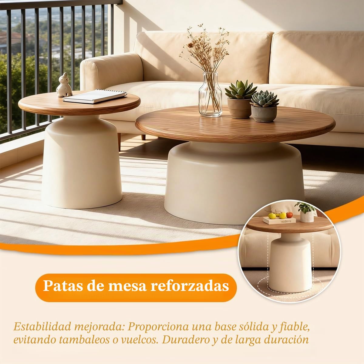 Moderna Redonda Mesa De Centro, Mesa Nido Juego De 2, Mesita Auxiliar con Tablero de Madera Maciza, Mesas Centro para Salón Dormitorio Oficina, Fácil De Montar