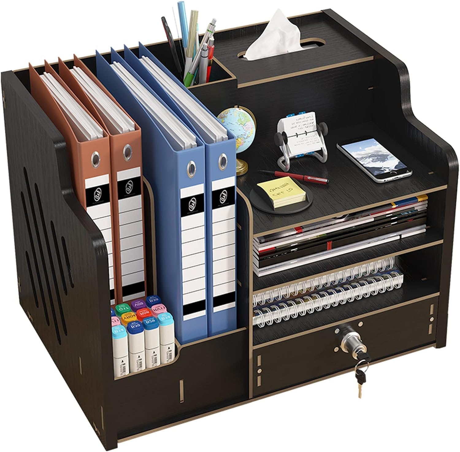 Organiseur de bureau en bois avec tiroir, grande capacité de rangement pour papiers A4, livres, documents et cahiers