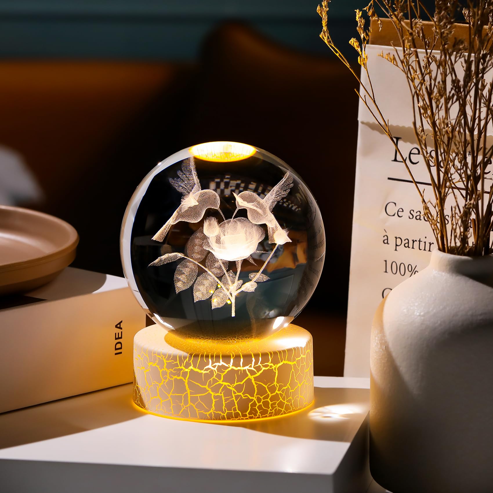 Arikyrist 8cm K9 Crystal Ball Engraved 3D Hummingbirds and Rose Figurine Gifts for Women 3.15" Glass Bird Rose Decor Ball with LED Light Stand Home Office Paperweight Ornament - Image 2