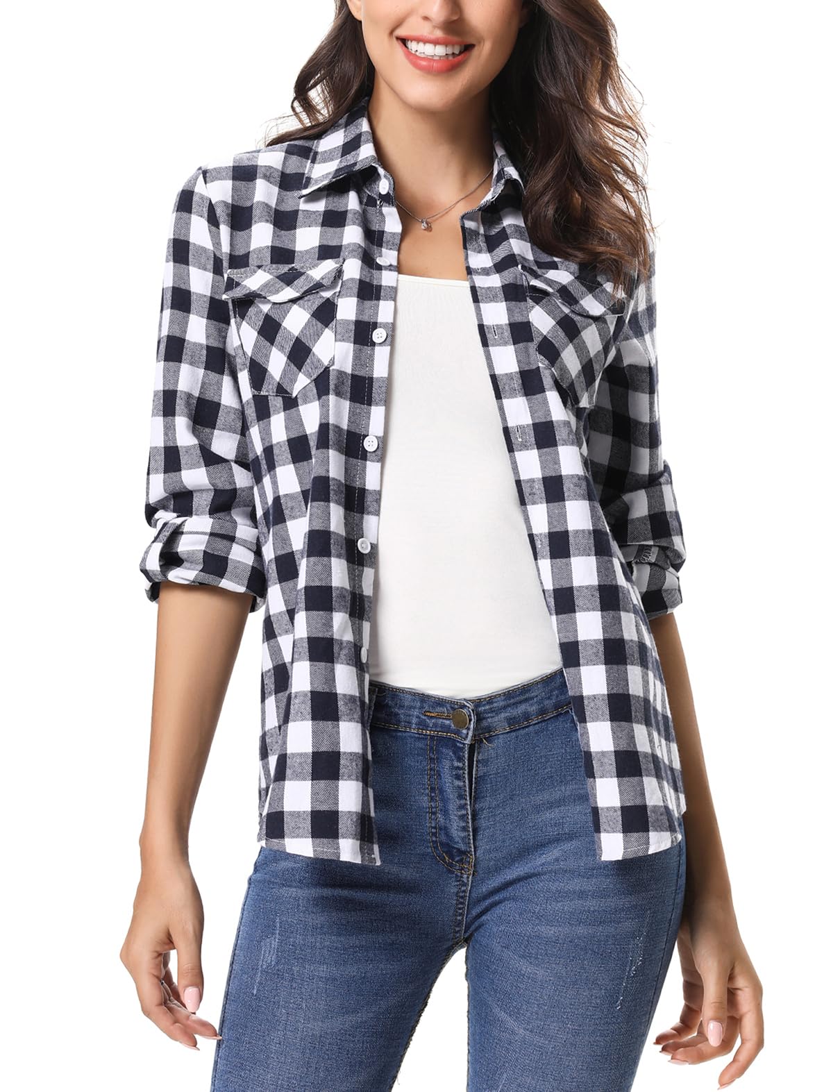 Irevial Camisa Manga Larga Mujer Oficina Elegante Blusas con Botones Trabajo Camisetas con Cuello Pico Oficina Shirt Básico para Primavera Otoño Invierno