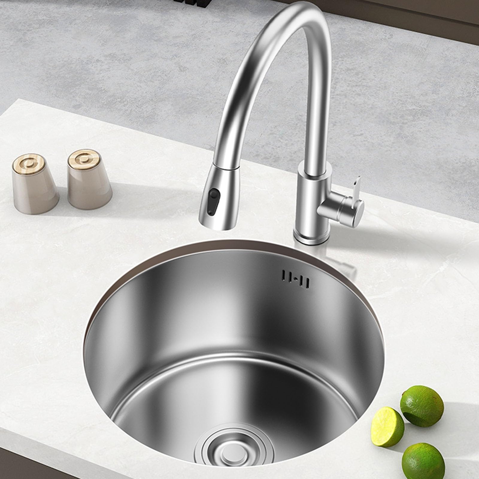 Lavello da Cucina,lavello Tondo in Acciaio Inox 304 con Rubinetto - Cucina a Vasca Singola per Isola,Bar,Camper,Lavanderia,sottotop,Finitura Nichel Spazzolato