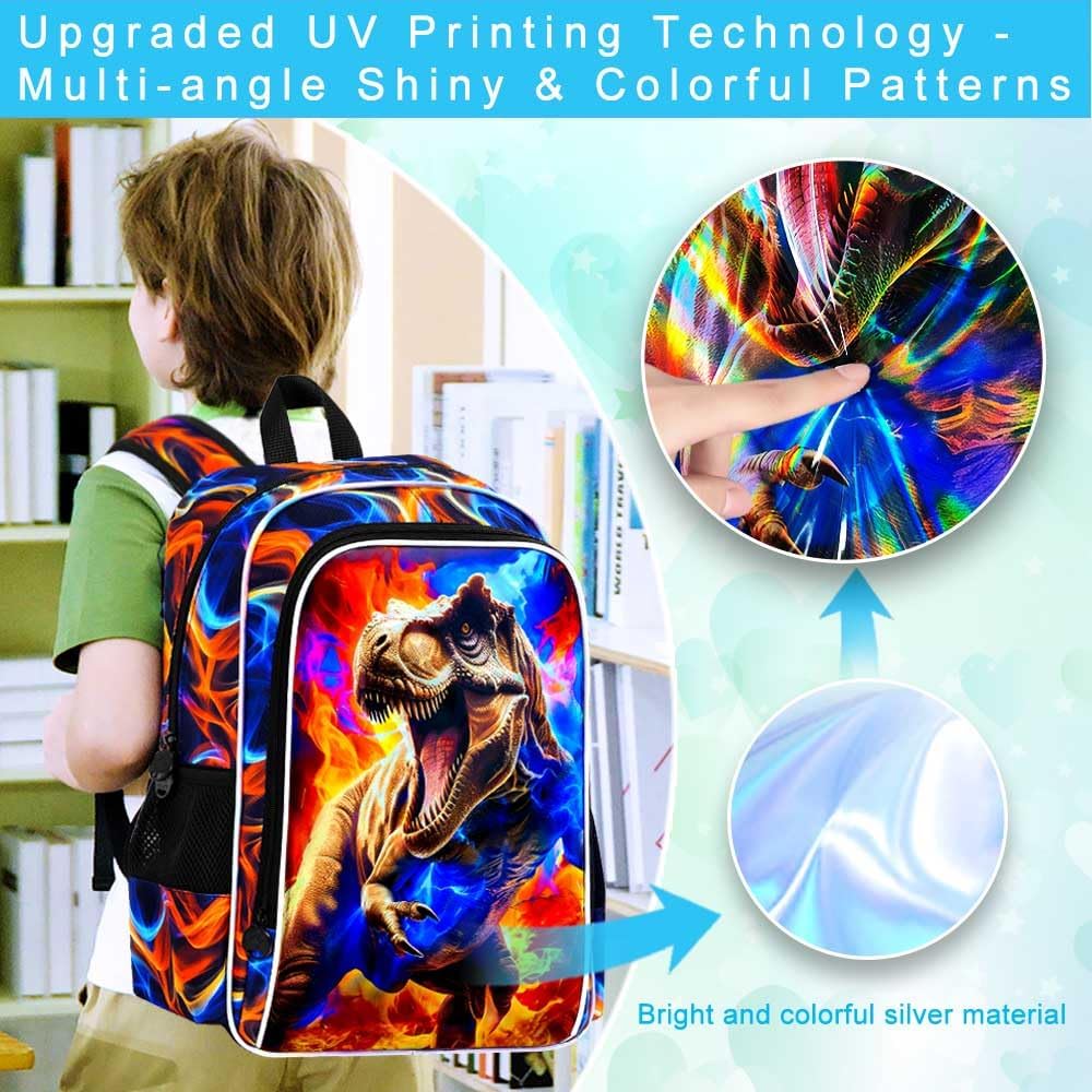 UFNDC 3PCS Boys School Backpack Set, Dinosaur Bag with Fire Bookbag and Lunch Box, 17 Inch Water Resistant for Teenagers Elementary Middle - Image 6