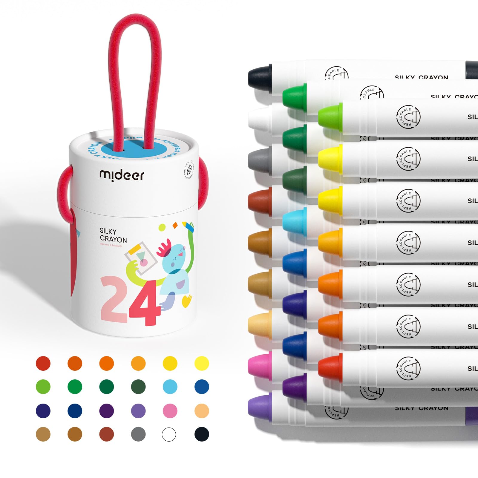 MiDeer Twistable Crayons for Toddlers, 24 Colors Washable Jumbo, Ultra-Silky Crayons with Colorful Crayon Bucket for Toddler 1-3, Easy to Hold Safe