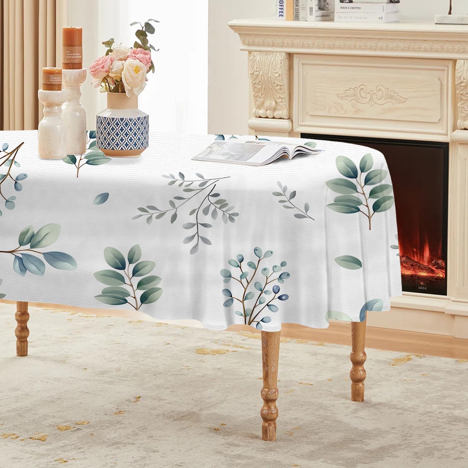 Eukalyptus Ovale Tischdecke Abwaschbar 160x220 cm, Blaubeere Tischtuch aus Polyester Wasserabweisend mit Lotuseffekt, Minimalistische Botanik Tischdecken für Esszimmer, Party, Balkon, Garten, F-915