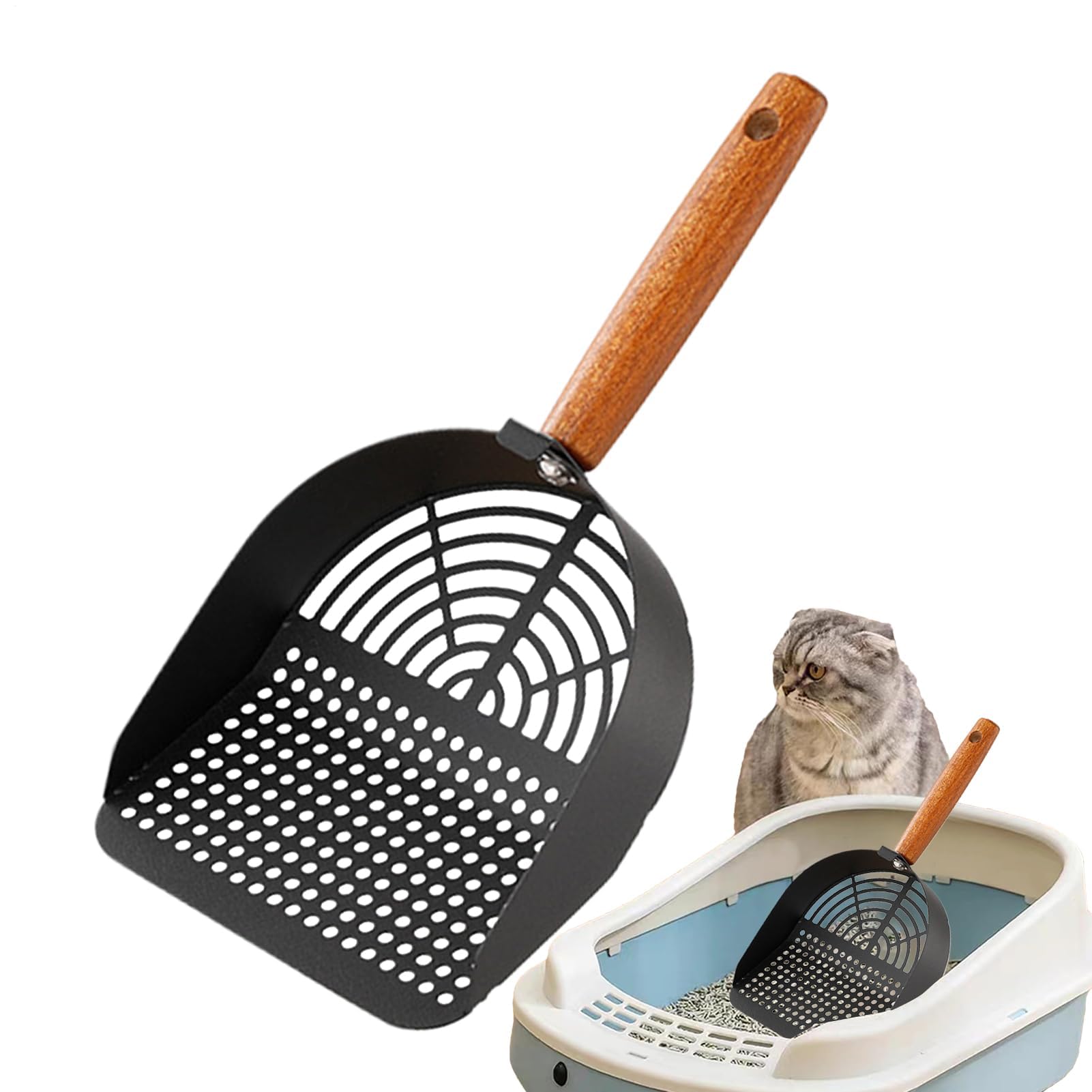 Katzenstreu-Schaufel, Rostfreies Edelstahl-Sieb, tragbares Sieb mit ergonomischem, langem Griff, Haustierzubehör(Black)