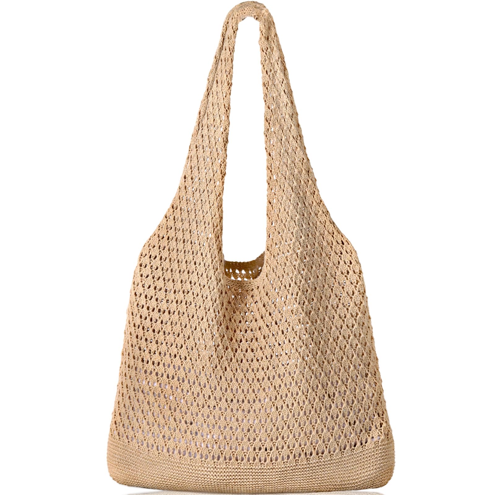 – Crochet Bags, Beach Mesh Tote Bag Womens Shoulder Shopping Handbag Casual Travel Totes Bag Foldable Hobo Bags (Khaki)