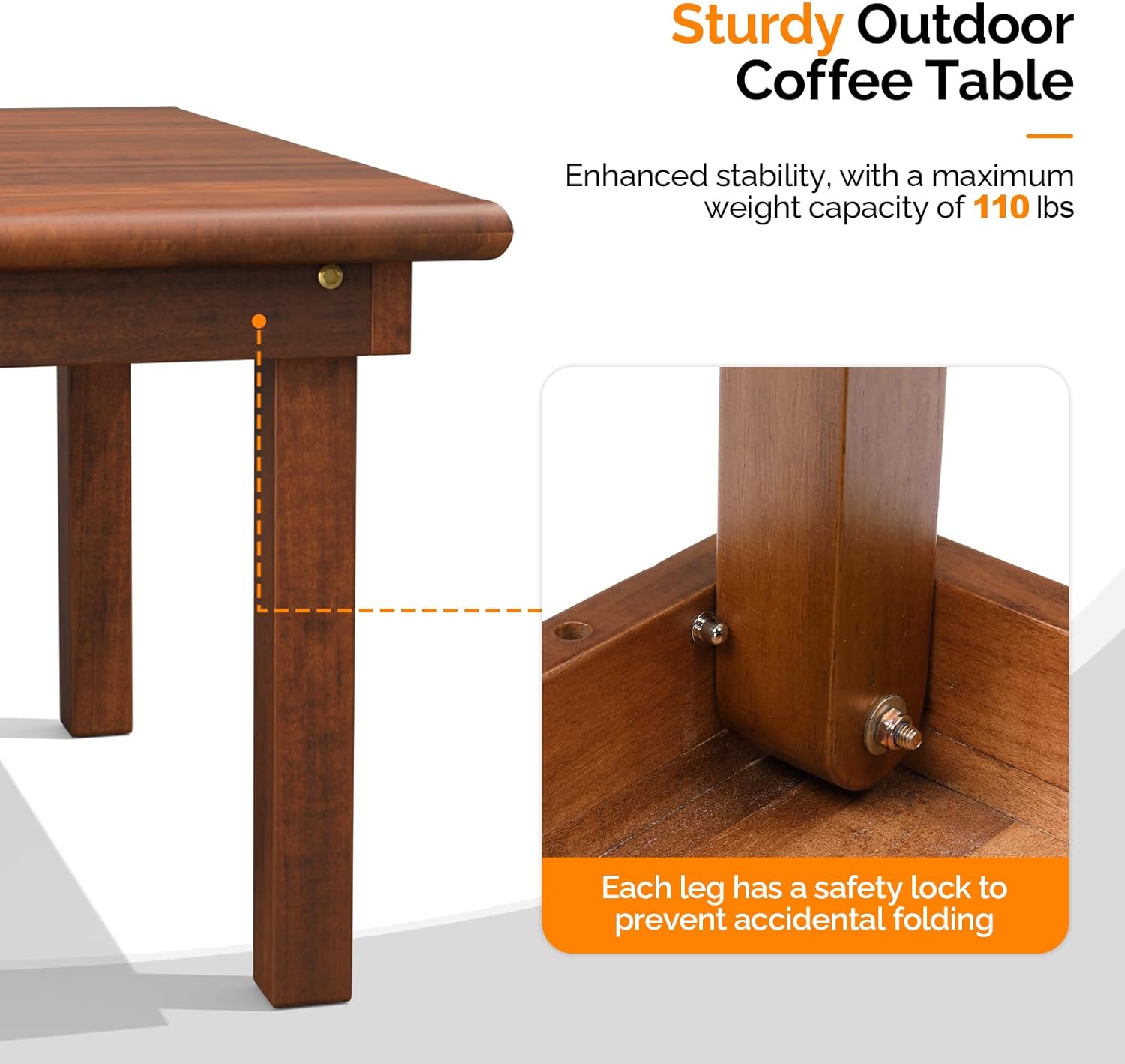 VINGLI Outdoor Folding Coffee Table, Natural Poplar Wood Patio Coffee Table, No Assembly Required, Ideal for Balcony, Porch, and Living Room, Square, Natural