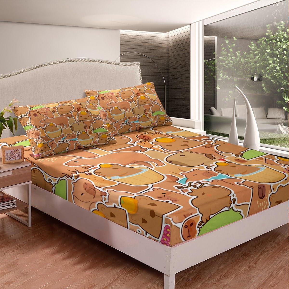 Capybara Sheet Set Twin Size Kids Gifts for Capybara Lovers Sheets with Deep Pocket Fitted Sheet for Boys Teens Capybara Animals Lovers Bed Sheets Set Orange Pattern Brown Bedding Set Room Decor