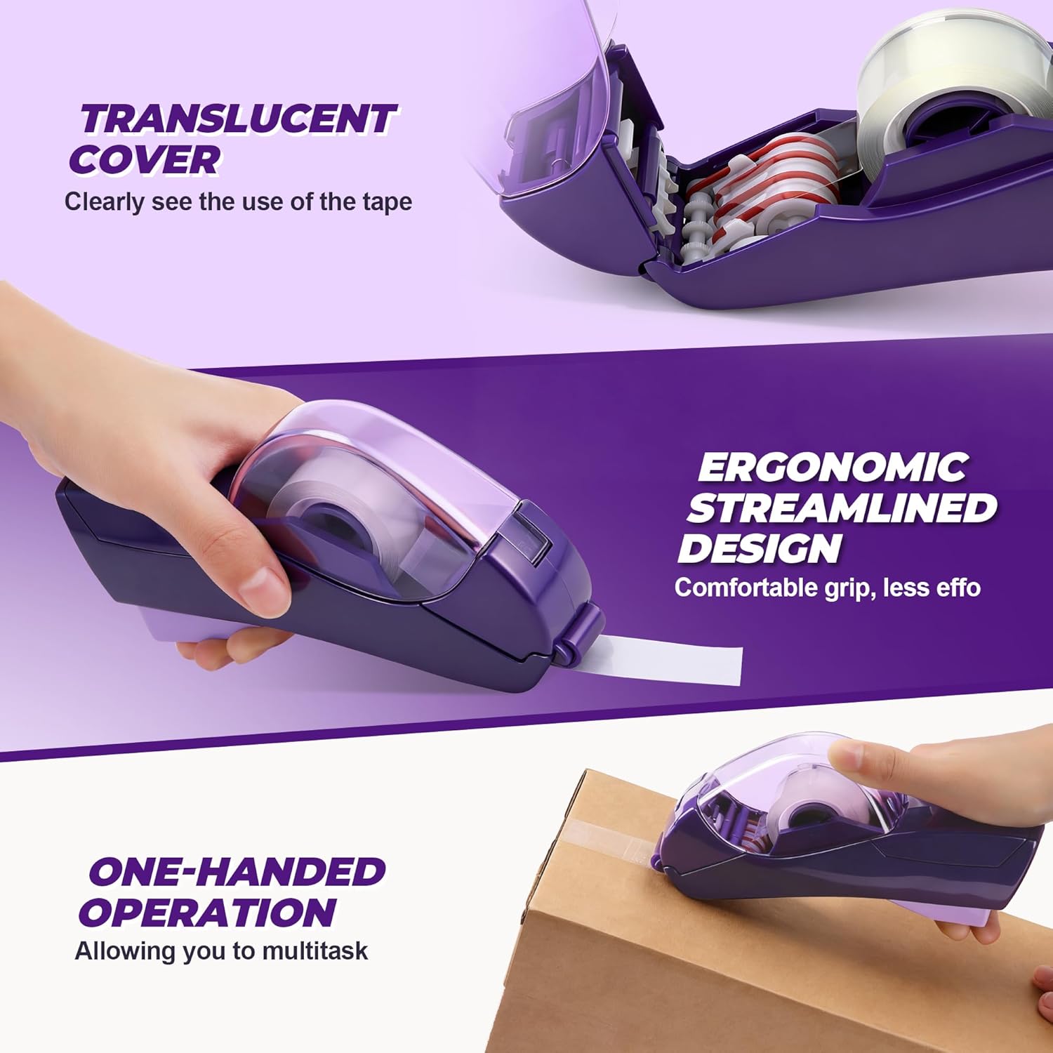Saillong 2 Pack Automatic Tape Dispenser, All Inclusive Handheld Packaging Tape Dispenser Gun for Gift Wrapping, DIY Projects, Easy to Cut & Safe, Purple