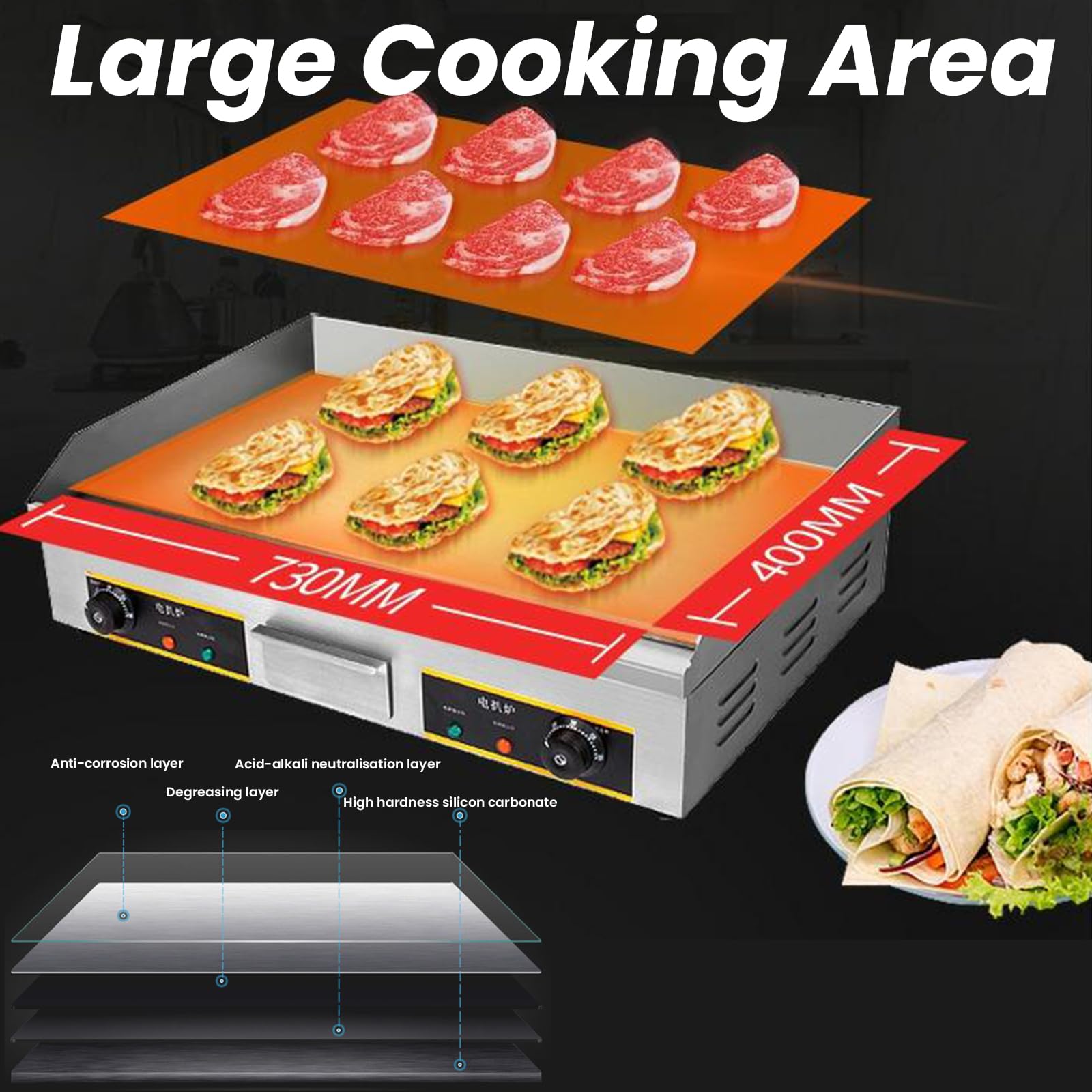 Plancha Eléctrica Profesional 73X40cm con Cepillos Y Palas Eléctrico para Cocina Parrilla Barbacoa Acero Inoxidable Temperatura 50-300 °C, 4400W, con Bandeja Recoge Grasa, Antisalpicaduras