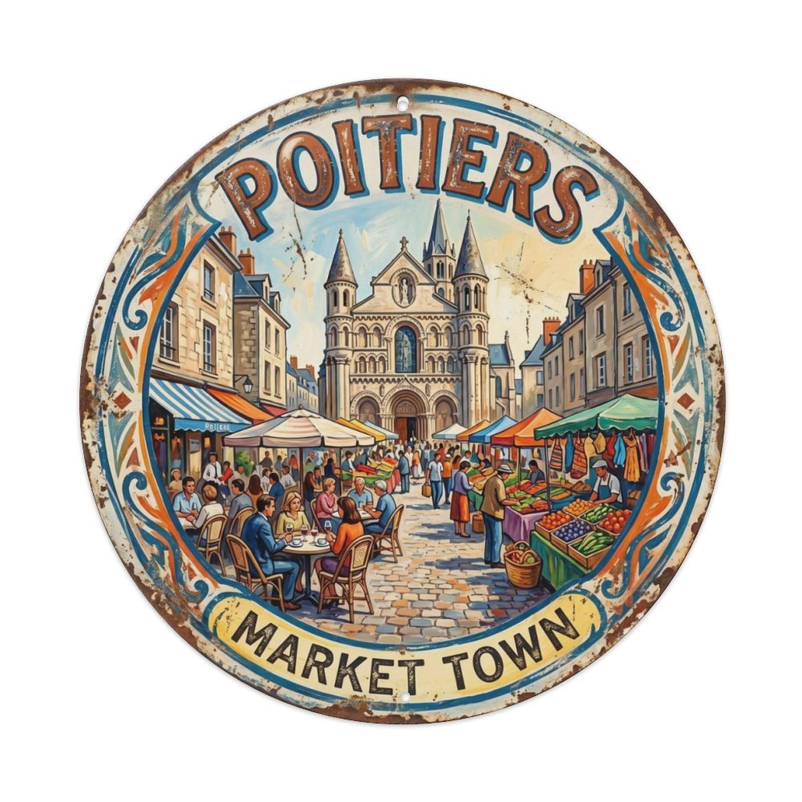 Fqcyn Style Vintage Travel Poitiers France Square Metal Tin Sign Plaque Wall Decor For Cafe, Club Bar, Office, Home Garden Round Metal Poster 8X8inch