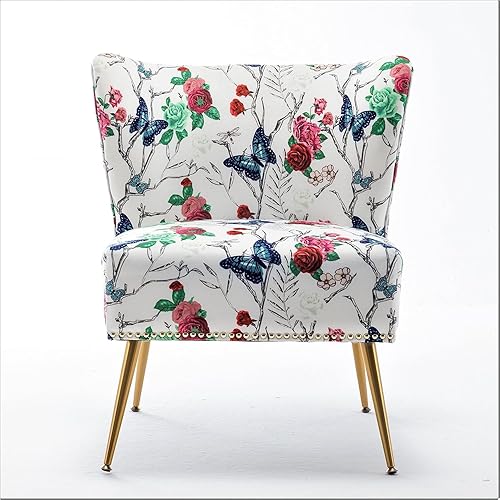 Miniatura 4 de Thia Silla decorativa sin brazos para sala de estar, elegante asiento con ribete de cabeza de clavo, patas de metal dorado y cómodo respaldo curvo,