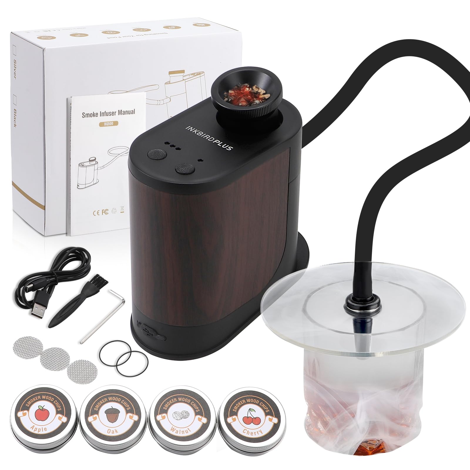 Portable Cocktail Smoker Kits Kitchen Wood Smoke Infuser for Gourmet Cooking Sous Vide Smoky Flavor Infuser with 4 Wood Chips Rechargeable Culinary Cold Smoking Gun for BBQ Meat Drinks Cheese Salmon Mahogany Wood Texture