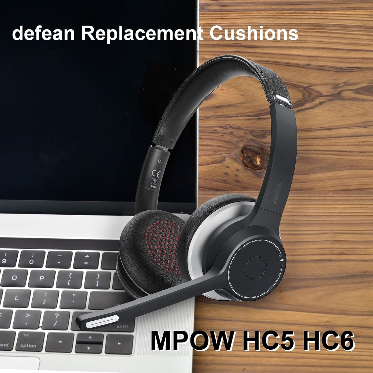 MPOW HC5/HC6 headphone with defean ear pads installed, placed next to a laptop.