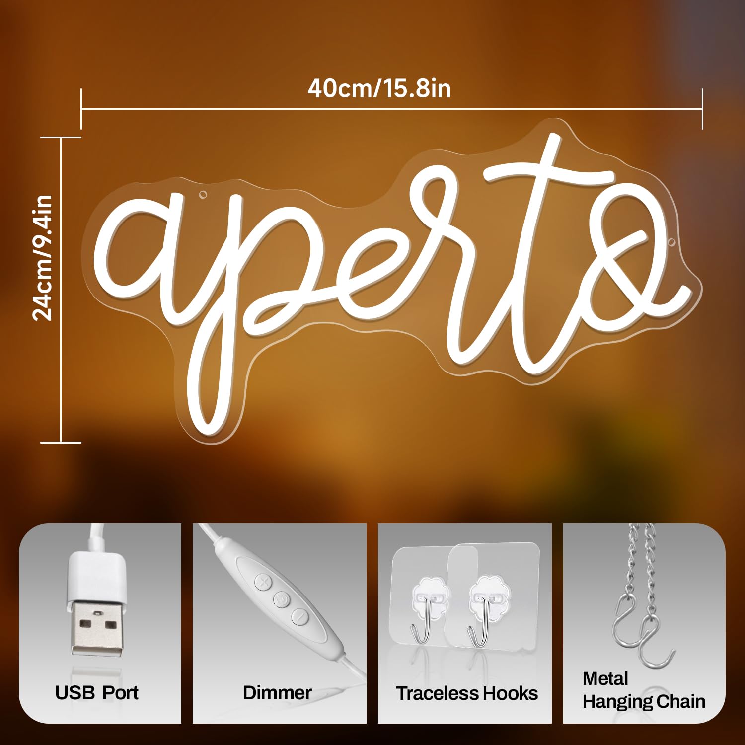 Insegna Luminosa Aperto,Insegna al neon Open per porta finestra, USB Insegna a LED aperta dimmerabile per negozi, luce al neon per bar, ristorante, supermercato, bar, hotel, Salone