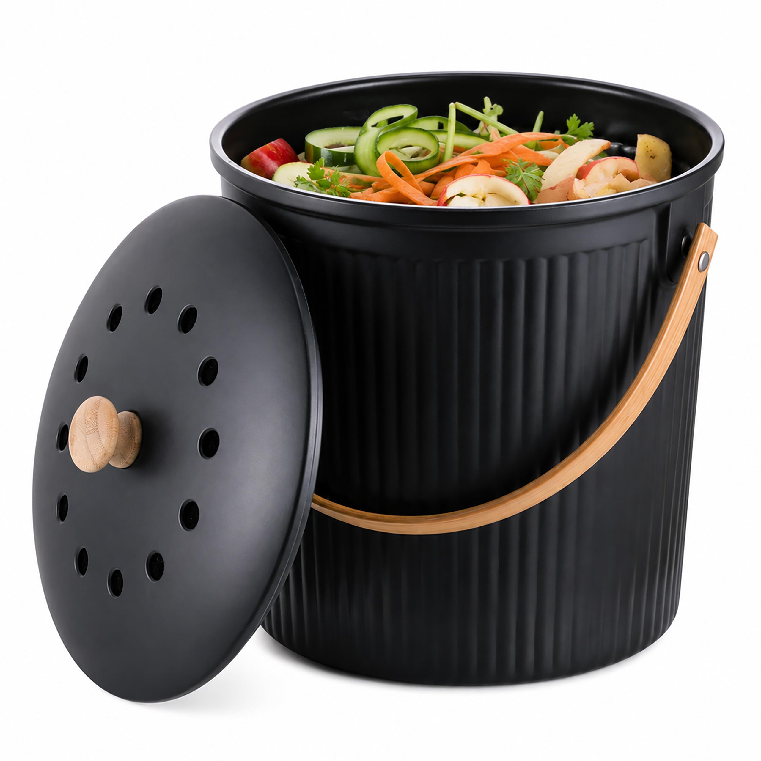 Relaxdays Seau à Compost Cuisine 5,6 L, 2 filtres Charbon Actif, Noir | couvercle, anse bambou, polyresine