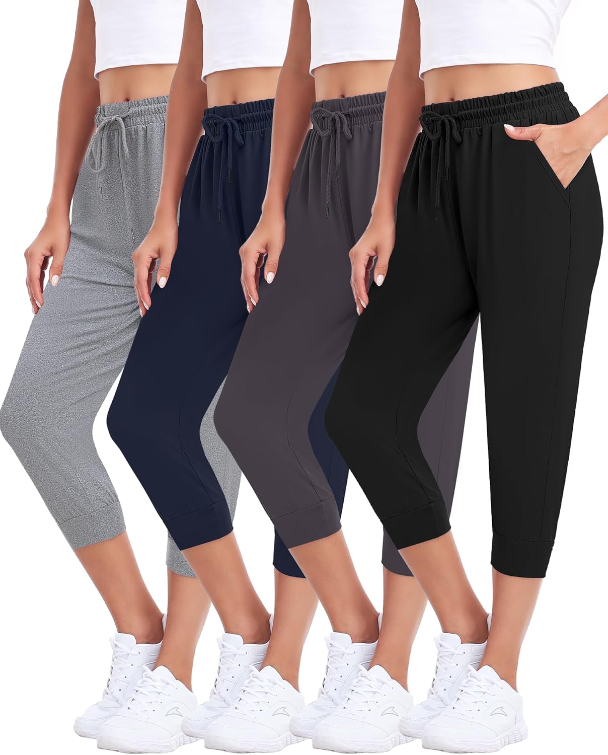 ZENEX 4-Pack Women Lightweight Capri Joggers & Drawstring Sweatpants with Pockets for Yoga Running Workout.