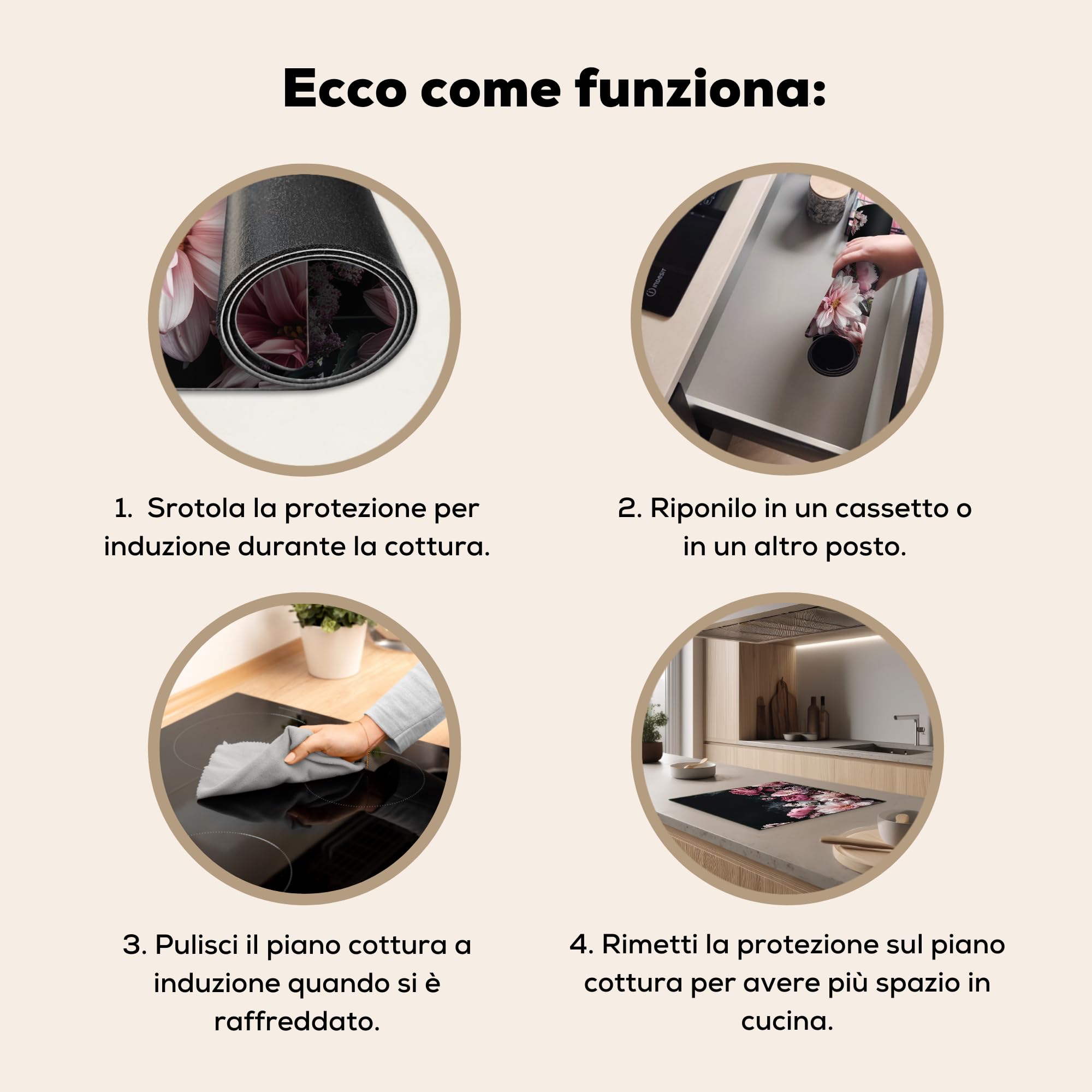 KitchenYeah© Copri Piano Cottura 60x52 cm Coprifornelli Tappetino per Induzione Fornello Tutto per la Cucina Fiori - Rosa - Natura - Nero