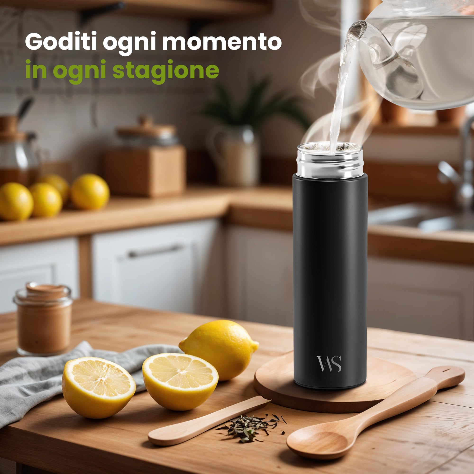 Infusore per tè/frutta e borraccia d’acqua + colino + inserimento per frutta senza BPA | 450ml bottiglia termica in acciaio inox con isolamento vuoto | ufficio, outdoor, scuola, sport – caffè, tè