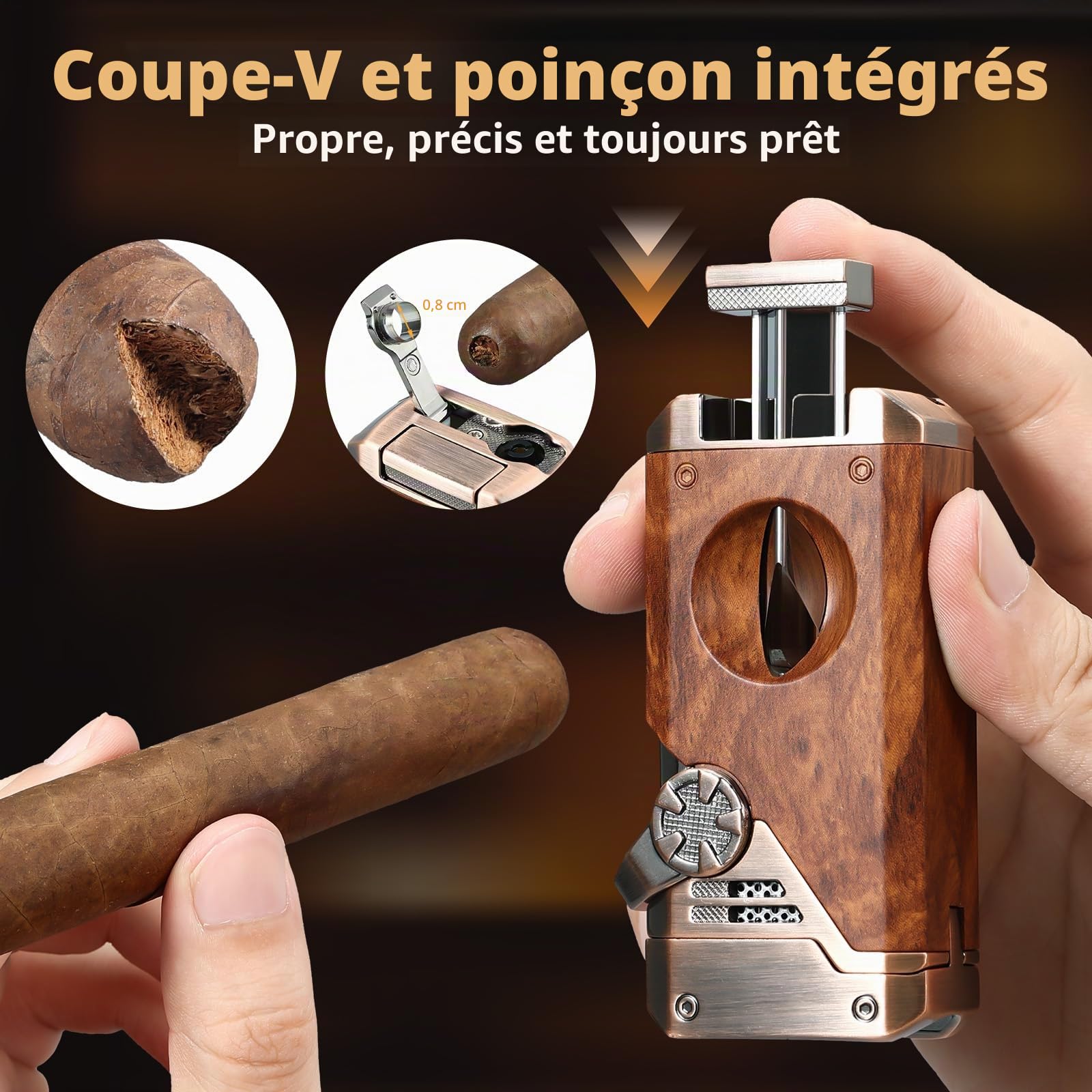 Joyoldelf Briquet torche à quatre flammes – Briquet jet butane rechargeable coupe-vent avec cutter, poinçon et fenêtre de carburant (sans butane) – Cadeau de qualité supérieure pour homme, fumage en