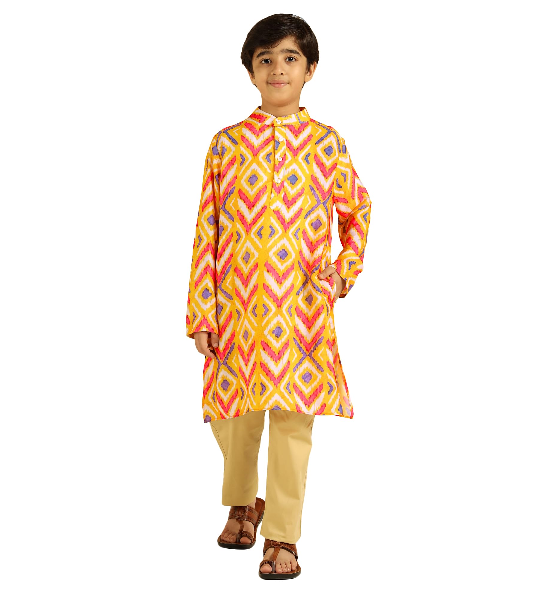 Bugandbees Boys Ikkat Print Silk Blend Knee Length Kurta|Full Sleeve|Mandarin Collar|Kids Clothes for Boys Dress 10-11 Years Ethnic Wear|Fancy Dress|One Piece(BBKUB00000318_10-11Y_Yellow)