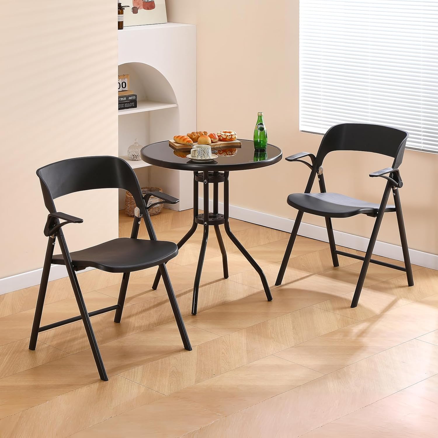 Folding Office Chair, Plastic Folding Chairs with Detachable Armrest, Stackable Dining Chairs, Portable Foldable Chair for Indoor, Outdoor, Wedding, Party, Picnic, Yard, Garden (Black, 2Pack)