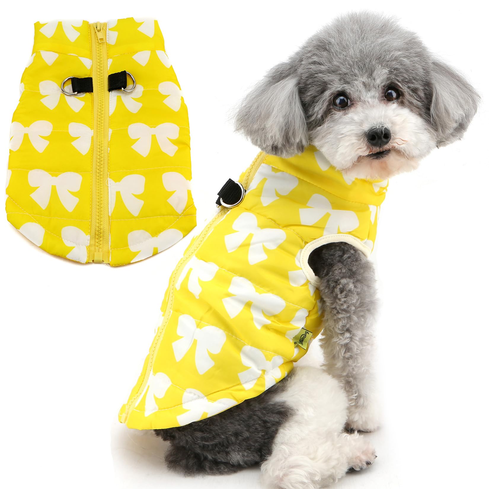 Zunea Small Dog Winter Coats Waterproof Puppy Harness Jackets with D-Ring Cute Bowknot Dogs Zipper Vest Clothes XS/S Size Breed Cold Weather Pet Jacket Chihuahua Yorkie Apparel (yellow bow, XL) — image 1