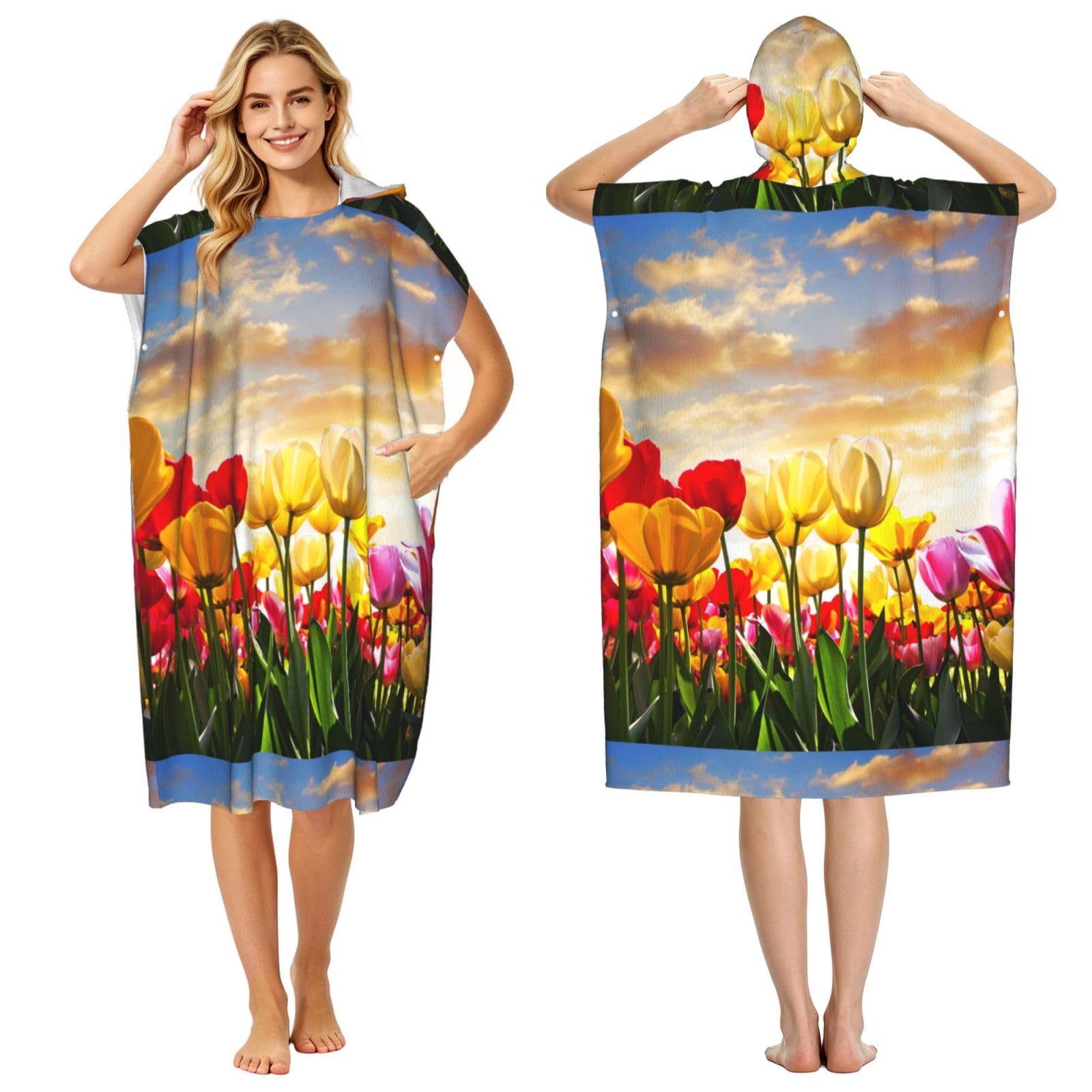 Poadnly Tulip Flower Sunset, Adult Hooded Beach Towel 90 x 110 cm,Changing Bath Robe, Surf Poncho Towel For Women Men