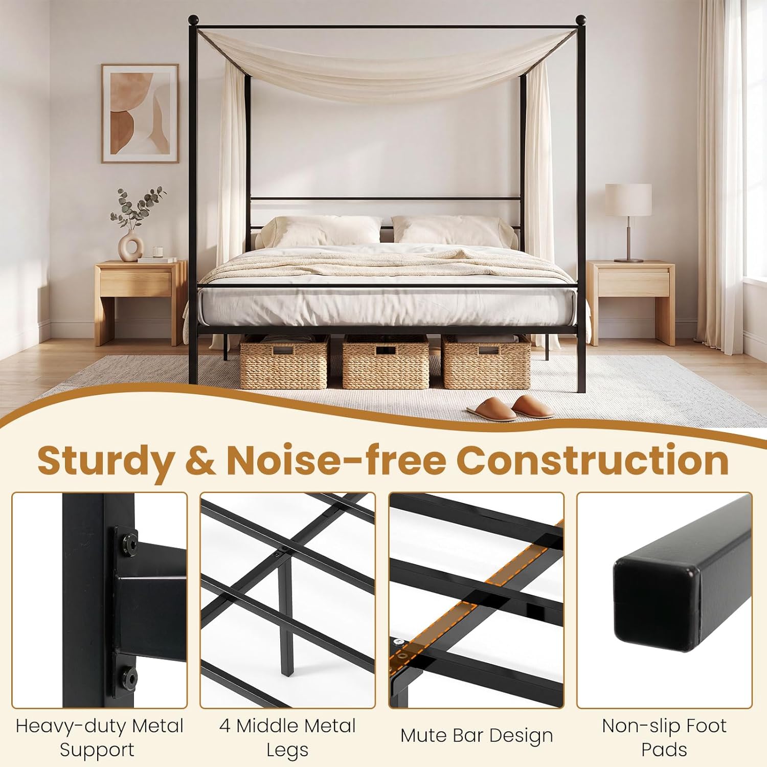 Giantex King Size Metal Canopy Bed Frame, Modern Platform Bed Frame with 4 Poster & Headboard, Mattress Foundation with Sturdy Metal Slat Support, No Box Spring Needed, Easy Assembly, Black