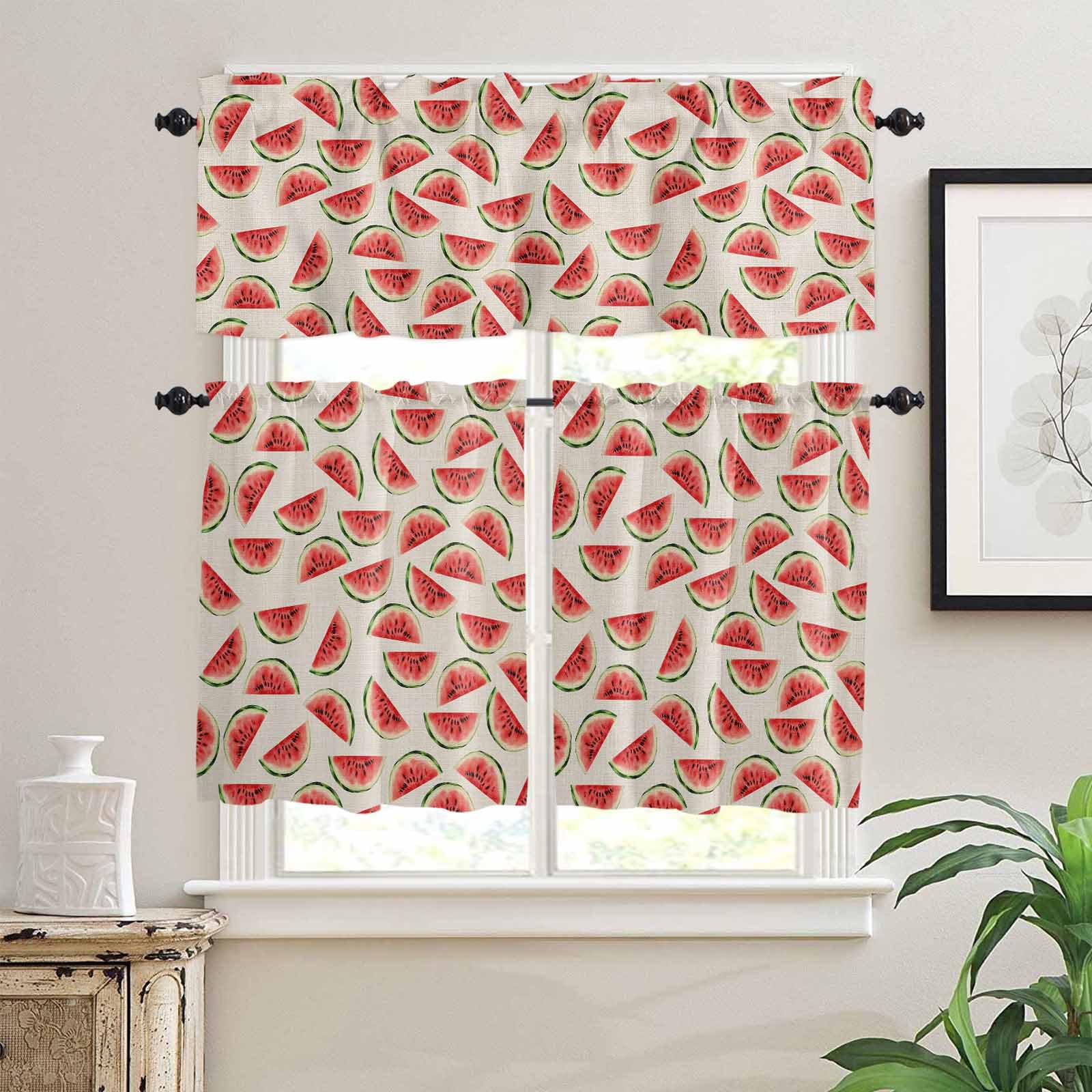 Watermelon Kitchen Curtains 36 Inch Length,3 Piece Rod Pocket Small Half Tiers and Valance Set,Summer Red Fruit Tropical Country Watercolor Small Large Window Treatment Decor for Bedroom/Bathroom