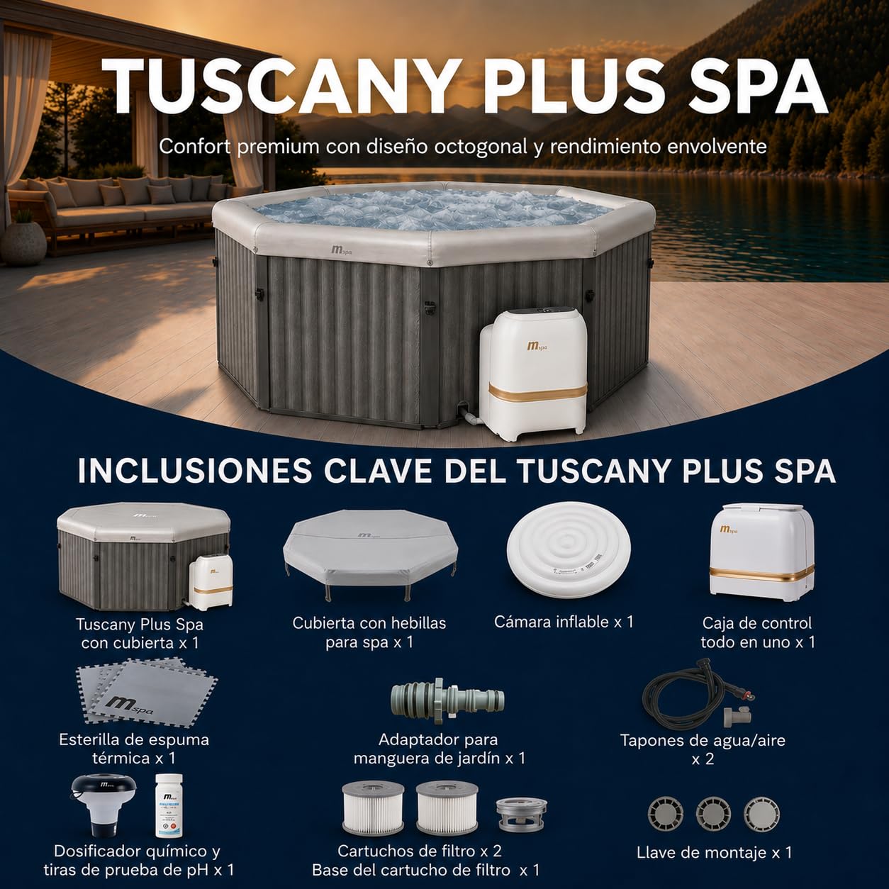 MSpa Tuscany SPA rígido Octogonal 4-6 Personas con hidromasaje Air Jet, calefacción, filtración Inteligente y desinfección UVC