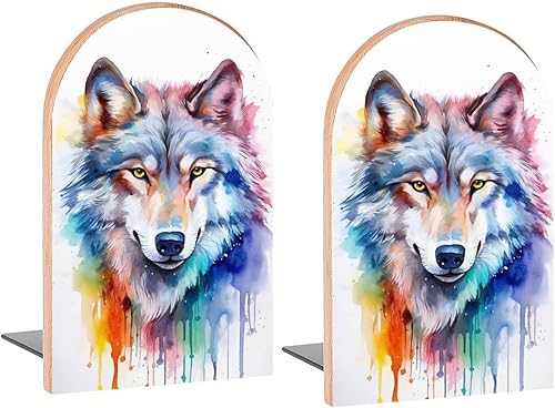 Sujetalibros decorativos de madera con diseño de lobo para estantes, habitación de los niños, escritorio, oficina en casa, libros, DVD, 1 par2