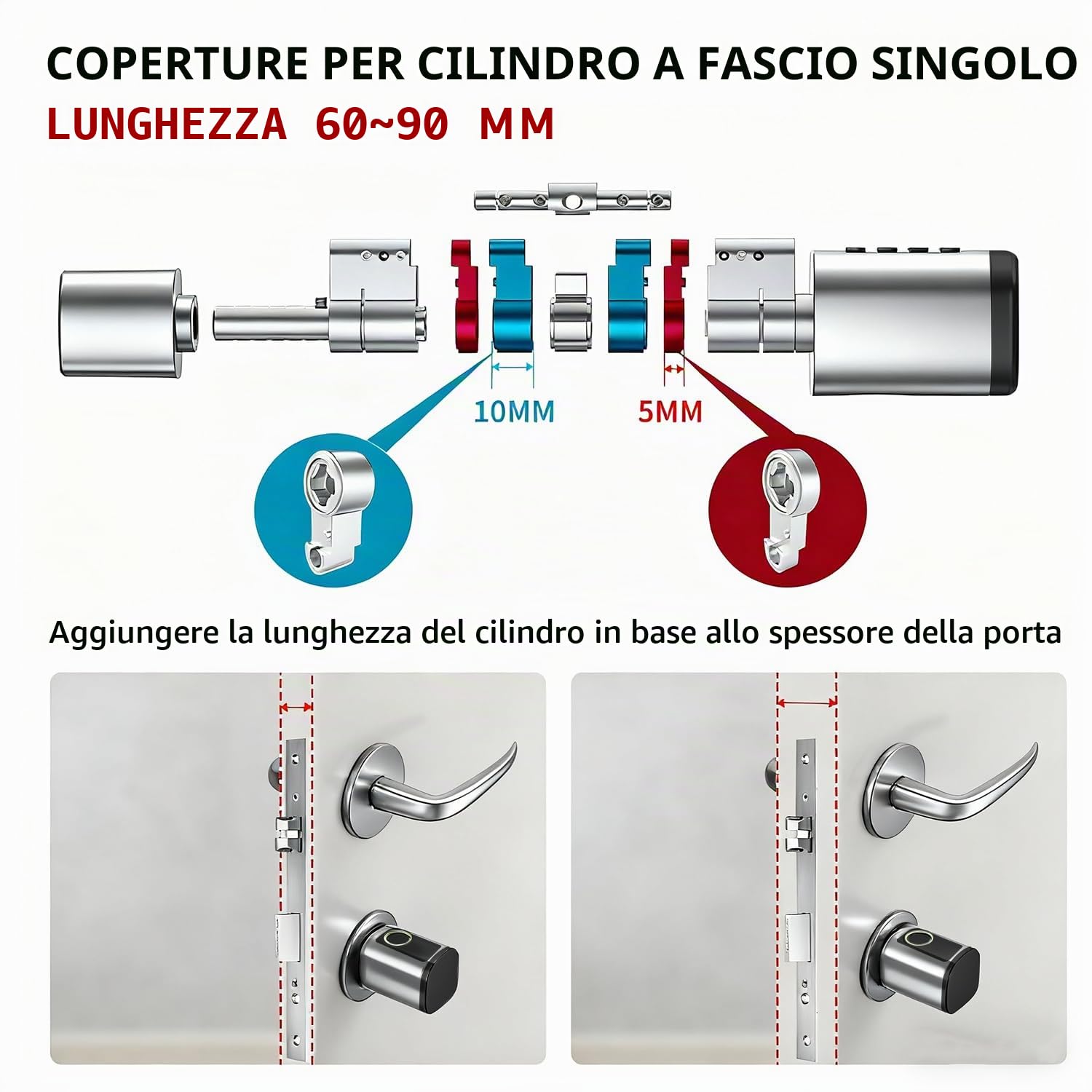 Serratura per porta con impronte digitali, 5 en 1, con codice numerico, chiave RFID APP, apriporta elettronica, cilindro di chiusura regolabile, 60-90 mm