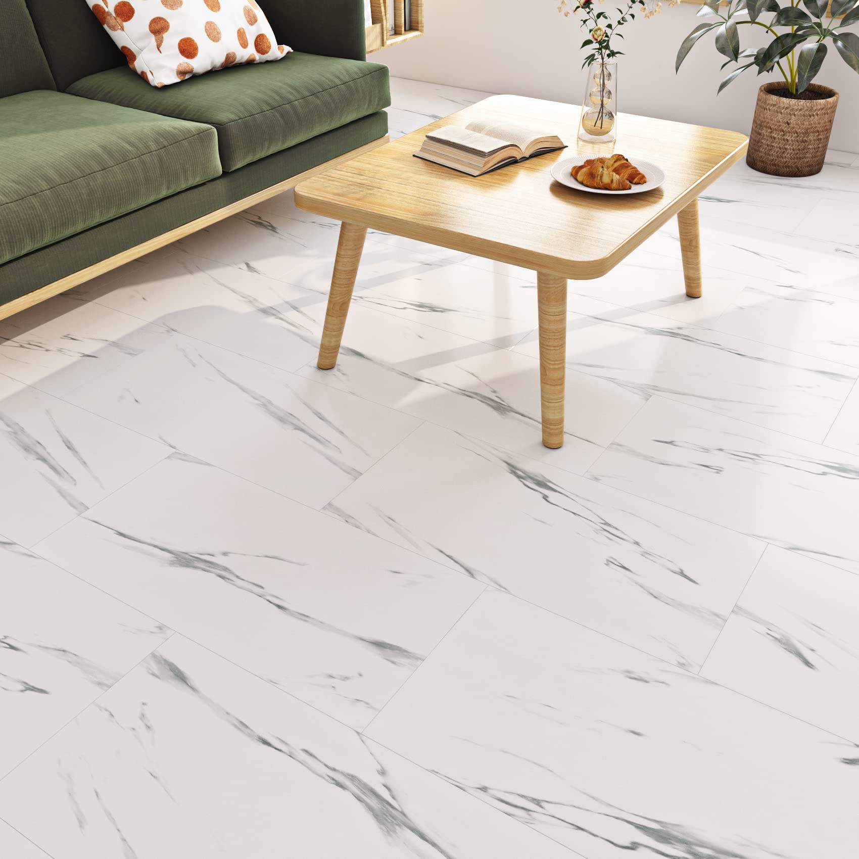 FunStick Samoprzylepna podłoga PCV Marble Look White 30×60CM 5 sztuk Płytki samoprzylepne Łazienka Płytki podłogowe Naklejki Kuchnia Winylowe płytki podłogowe Samoprzylepne marmurowe podłogi