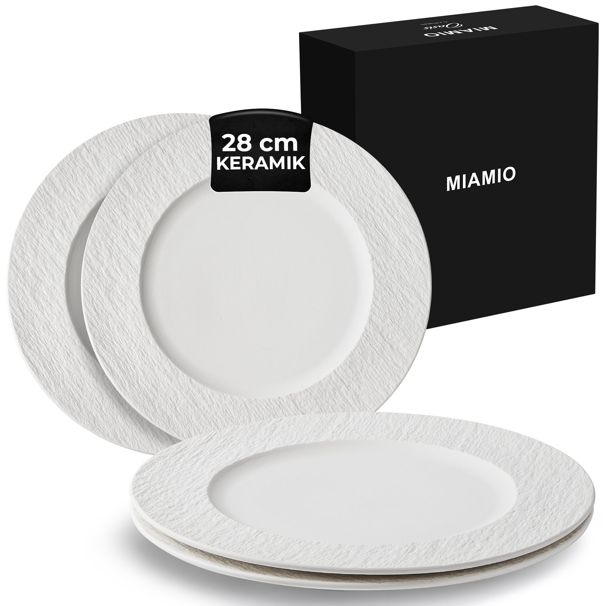 MIAMIO - Teller Set Keramik / 4er Set Speiseteller (28 cm) - Oasis (Weiß) | Modernes Keramik Teller Set, Teller für Hauptspeisen, Große Teller, Steingut Geschirr - spülmaschinenfest