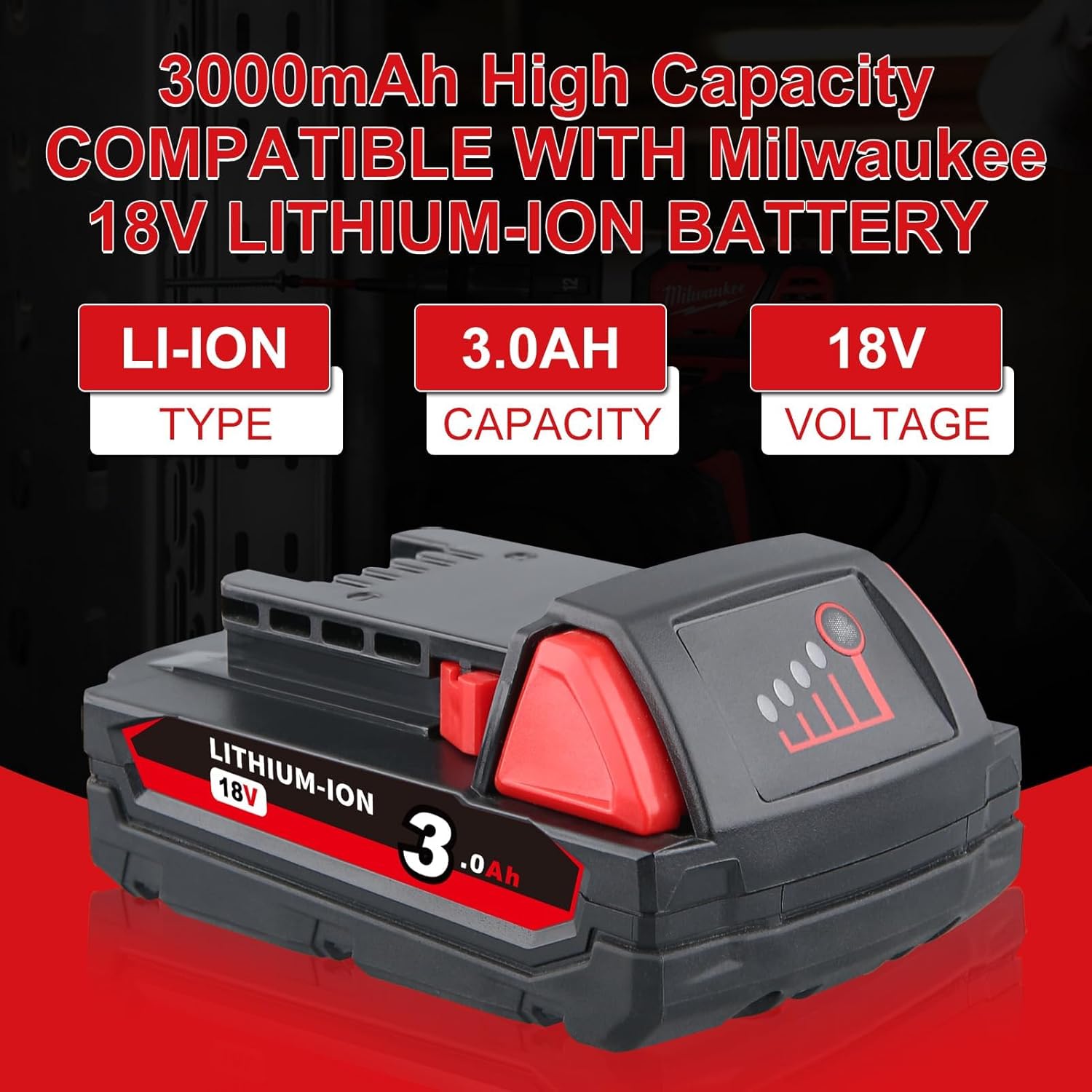 2 Pack 3000mAh Replacement Battery for Milwaukee 18V with LED Indicator, Compatible with Milwaukee 48-11-1840 48-11-1850 48-11-1820 — 2 x 3.0Ah Lithium Ion Cordless Tool Battery Pack