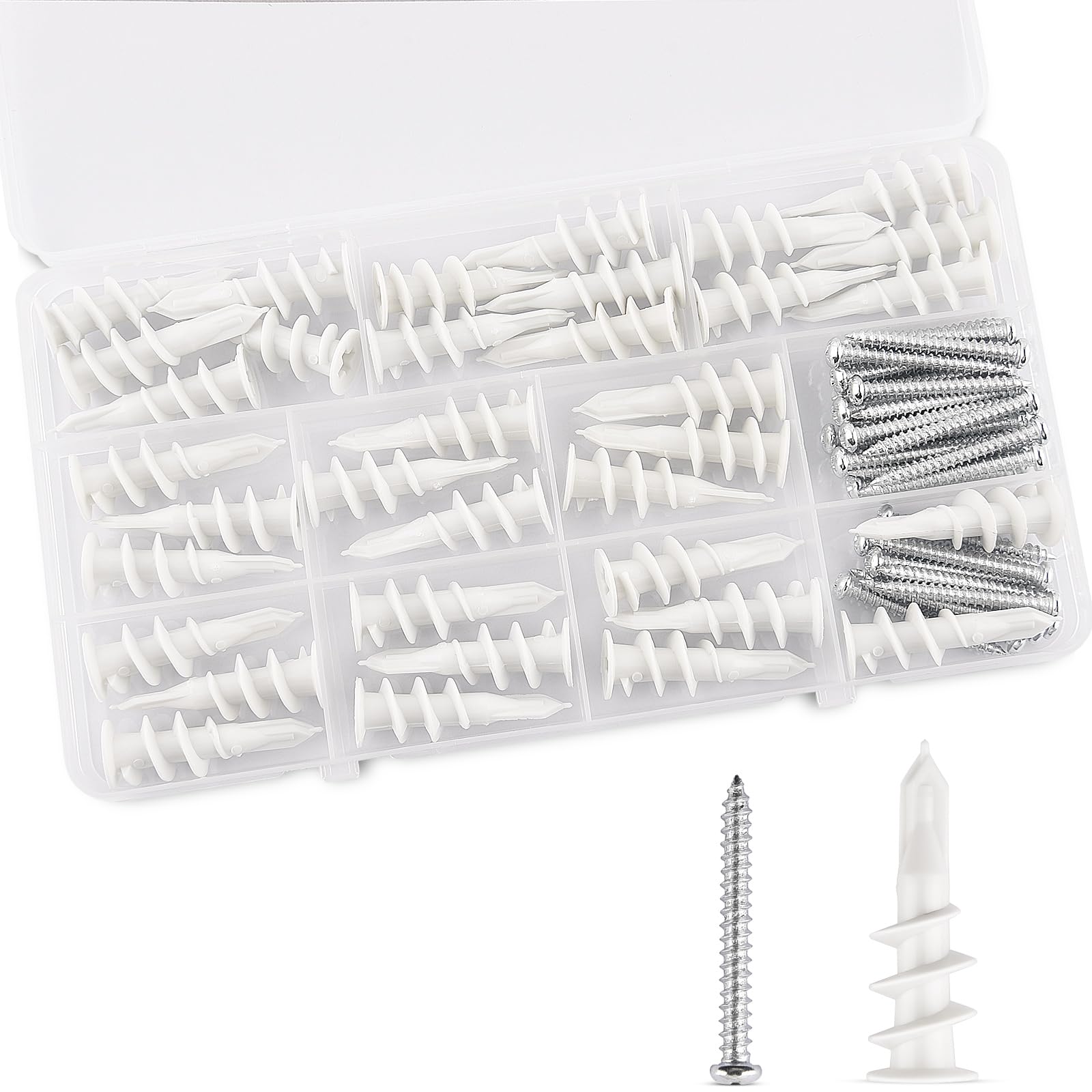 #8 Self Drilling Drywall Anchors and Screws kit,70PCs Wall Anchors and Screws for Drywall,35 pcs Self-Tapping/Threaded Plastic Sheetrock Anchors + 35 pcs #8 x 1-1/4'' Screws, 75LB Hanging and Mounting