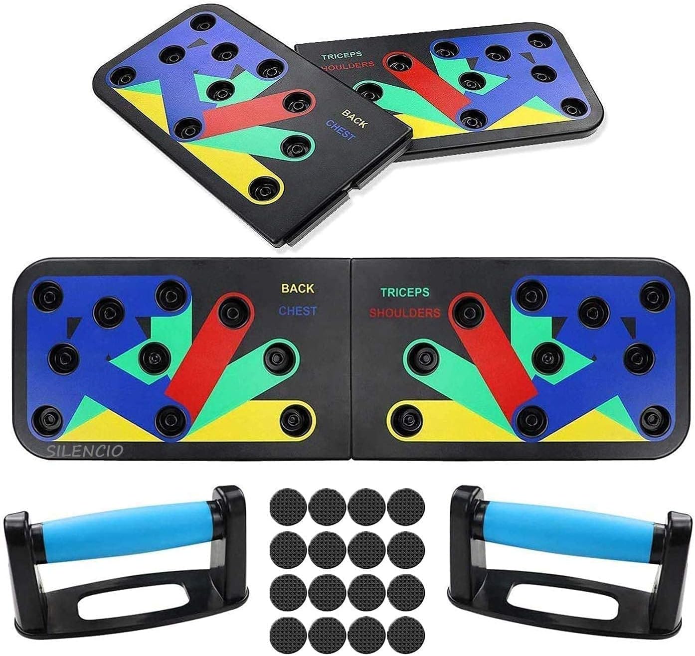 SILENCIO 14 in 1 Body Building Push Up Rack Board Fitness Equipment Home Practice Chest Muscle Arm Muscle Color Coded Combo Positions for Exercise – Portable Gym Accessories for Men, Women and Adults